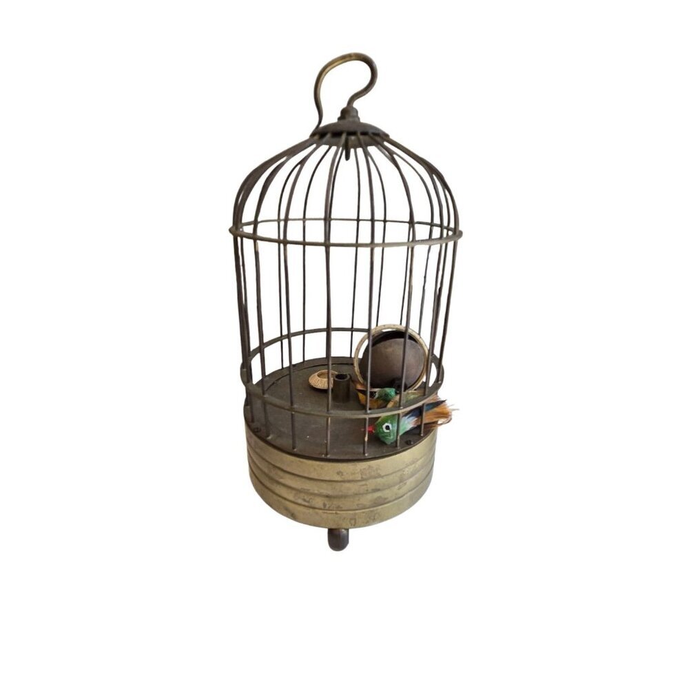 Vtg Collectable Decorated Old Copper Carved Bird In Cage Mechanical Table Clock